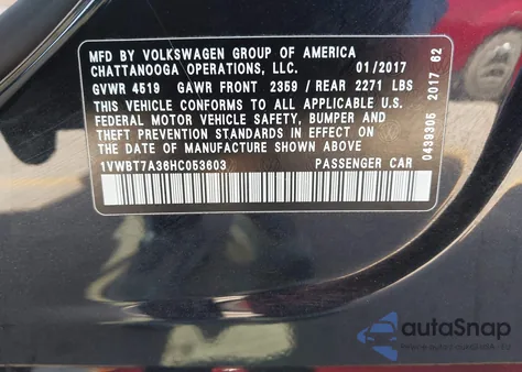 2017 Volkswagen Passat 1.8T Se z USA, uszkodzony, nr VIN 1VWBT7A36HC053603